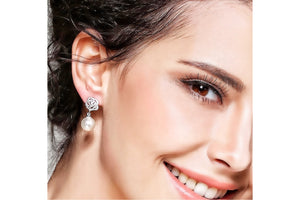 Rose Encrusted White Silver Pearl Earrings