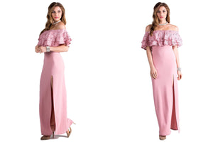 Off-Shoulder Ruffle Evening Gown with Side Slit