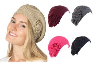Double Knit Beret Beanie with Flower Embellishment