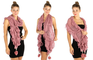 Everyday Ruffle Scarf with Pom Poms Accents