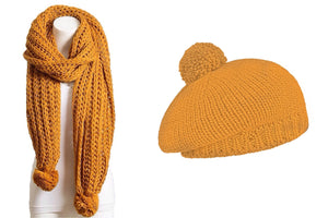 Knitted Pom Pom Scarf and Hat Set (2-Piece Set)