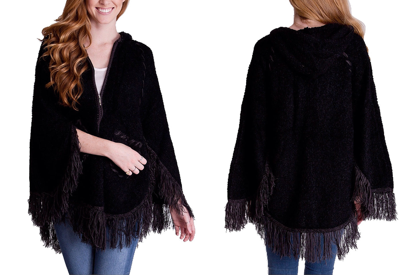 Hoodie & Zipper Poncho Sweater with Fringes and Stitching