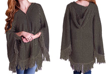 Hoodie & Zipper Poncho Sweater with Fringes and Stitching
