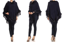 Relaxed Fit Knit Sweater Poncho with Fur
