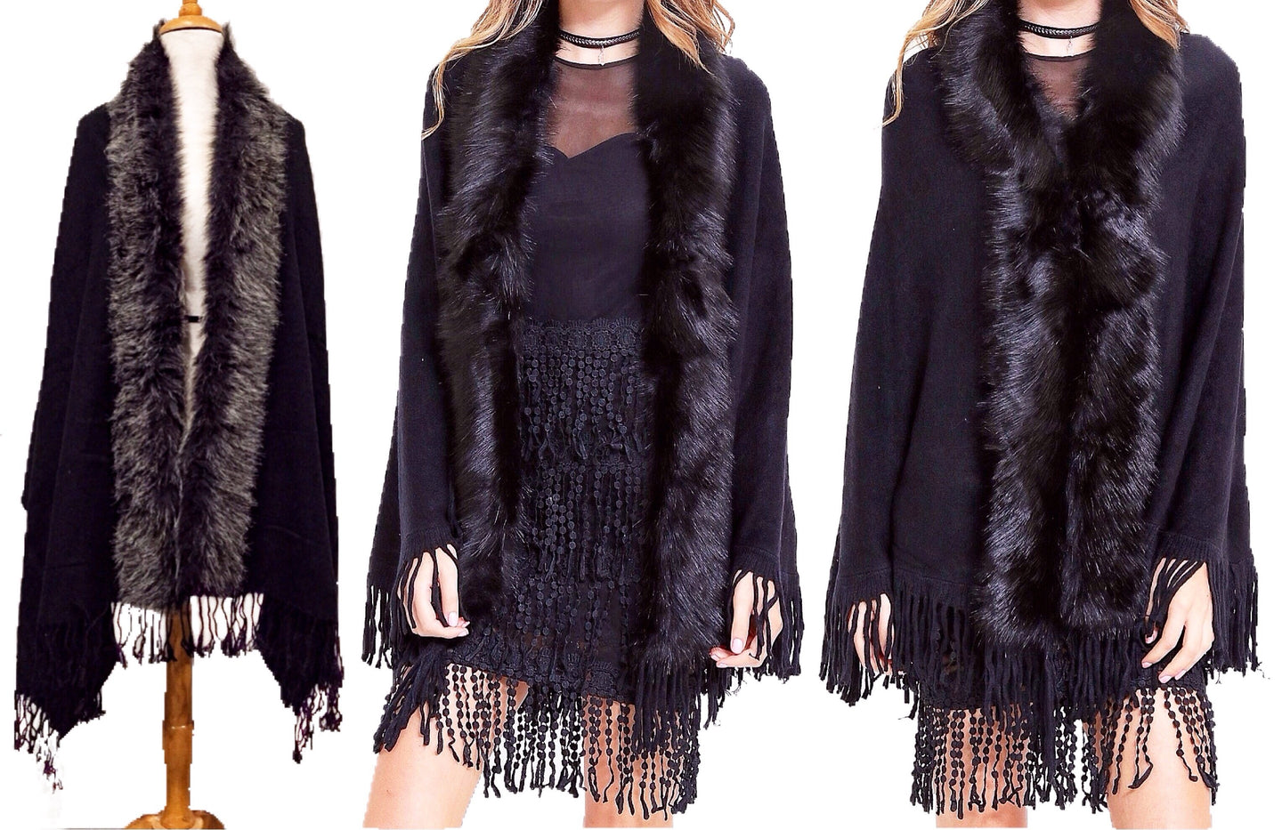 Oversize Scarf or Shawl with Tassels & Fur Collar