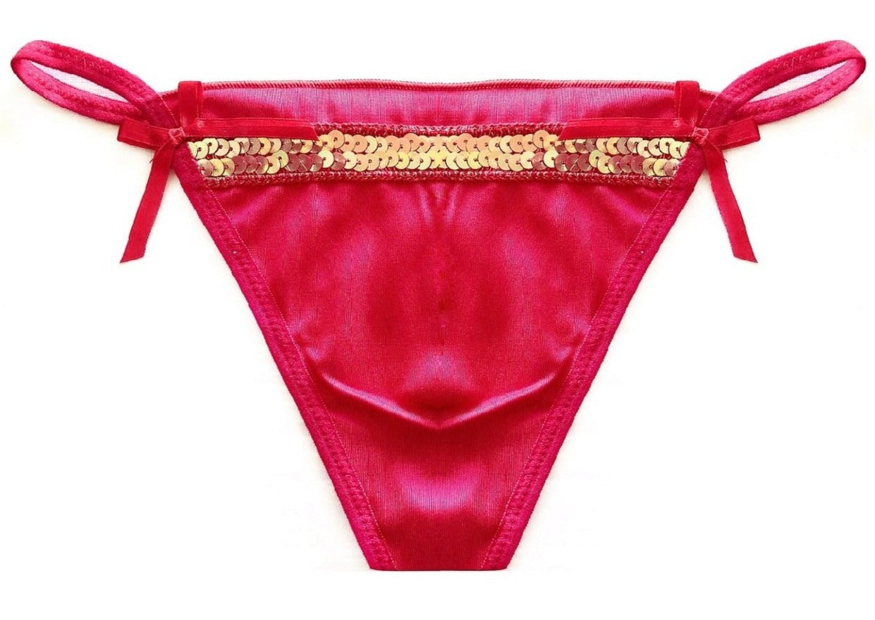 Strappy Red Silk Thongs with Gold Sequin