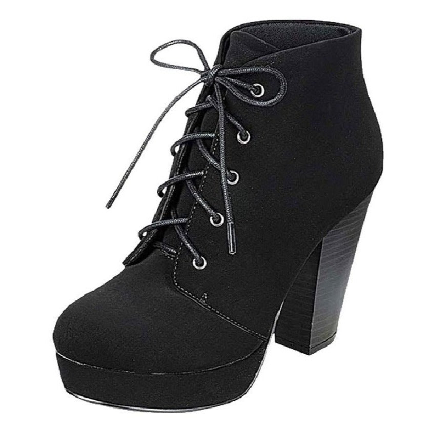 Suede Lace Tie Block Heel Bootie