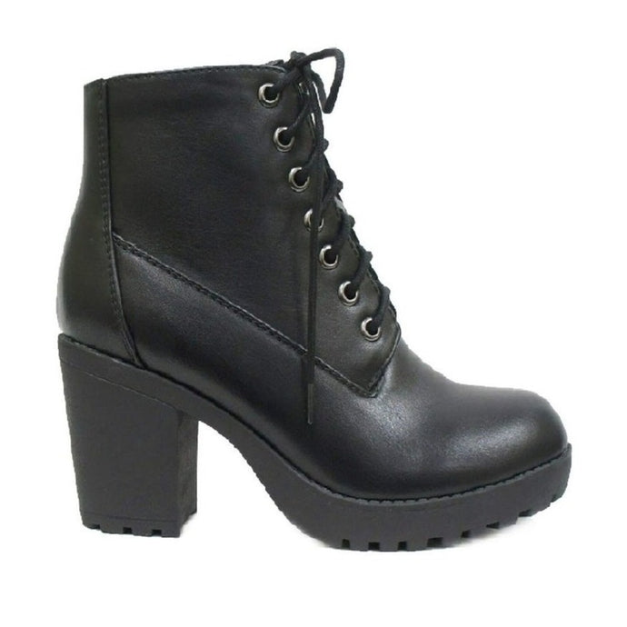 Leather Block Heel Combat Boots