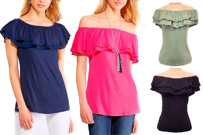 Solid Colored Fashion Off Shoulder Tiered Top