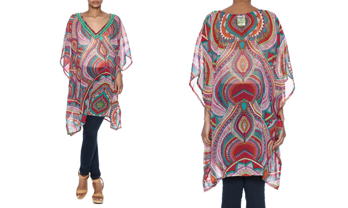 Multicolored Sheer Chiffon Cover-Up with Beaded Neckline
