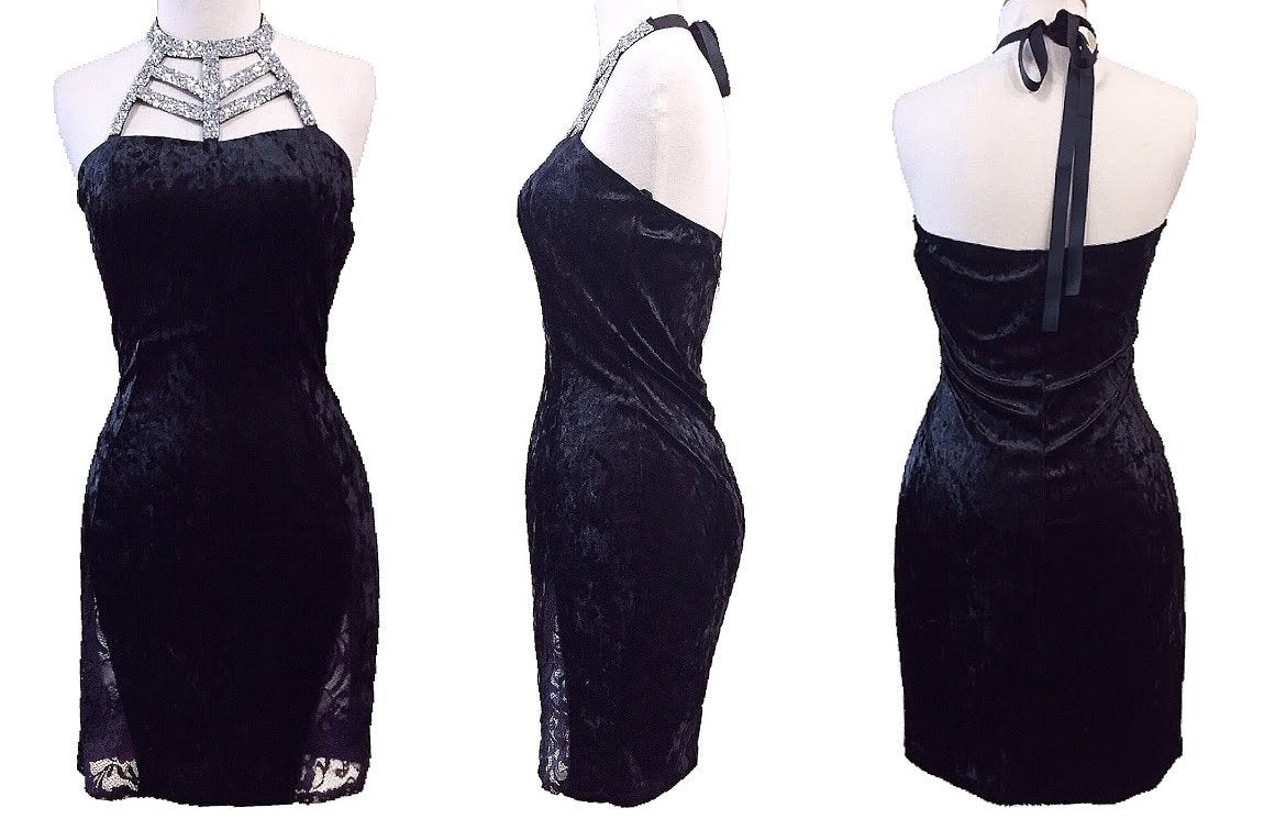 Crushed Velvet Lace Dress (Black)