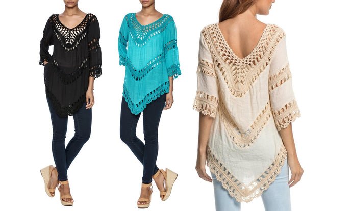 Crochet & Semi-Sheer Relaxed Fit Cover-Up Top (One Size)